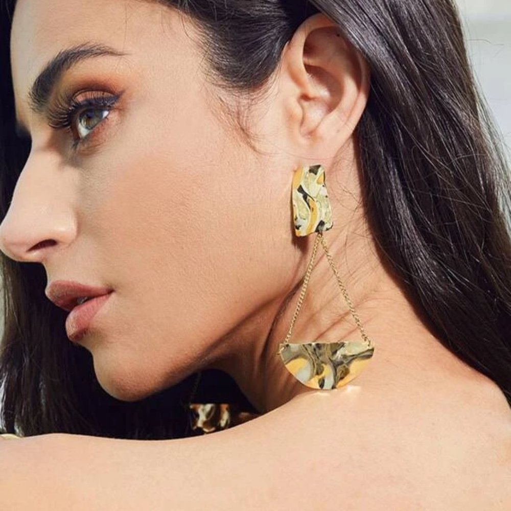 NEW Gold Hammered Geo Drop Dangle Fashion‎ Earrings Statement